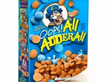 a box of oops all adderall cereal with a cartoon character on it