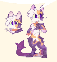 a drawing of a cat with purple eyes and a purple tail