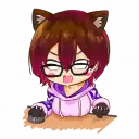 a cartoon of a girl with cat ears and glasses sitting at a table .