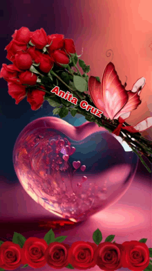 a heart shaped vase filled with red roses and a butterfly with the name anita cruz written on it