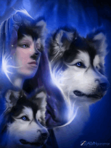 a painting of a woman surrounded by two husky dogs with blue eyes