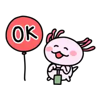 a cartoon of an axolotl holding a suitcase and a red balloon that says ok