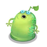 a green cartoon character with blue eyes and a green leaf on its head