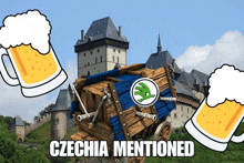 a picture of a castle with two mugs of beer and the words " czechia mentioned "