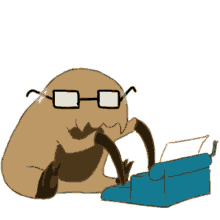 a cartoon drawing of a bug wearing glasses and typing on a typewriter