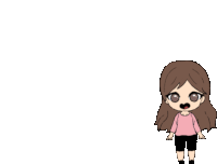 a cartoon girl with long brown hair and a mustache is wearing a pink shirt and black shorts