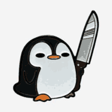 a penguin is holding a knife in its paws .