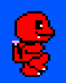 a pixel art of a red worm with a pink tail on a blue background