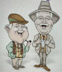 a cartoon drawing of two men wearing hats and scarves