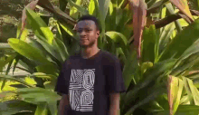 a young man wearing a black t-shirt with the word ko on it is standing in front of a plant .