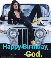 a man is laying on the hood of a jeep with the words happy birthday god written below him