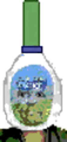 a pixel art drawing of a bottle with a picture of a landscape inside of it .