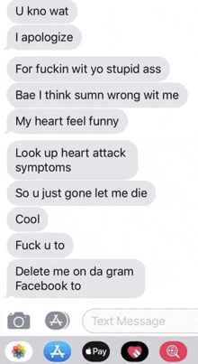 a screenshot of a text message between a man and a woman on a cell phone .