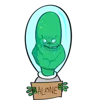 a cartoon drawing of an alien holding a sign that says alone