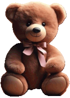 a brown teddy bear with a pink bow around his neck