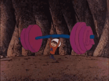 a cartoon character is lifting a pink barbell with the letter k on it