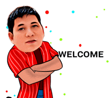 a man in a red striped shirt is standing with his arms crossed in front of a sign that says welcome