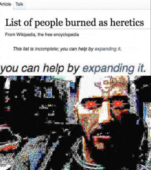 a picture of a man with red eyes and the words list of people burned as heretics on the top