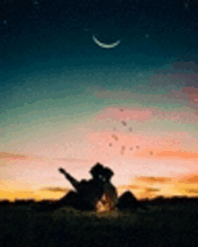 a silhouette of a person sitting in front of a campfire at sunset with a crescent moon in the sky .