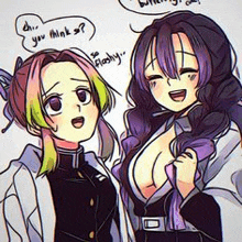 a couple of anime girls standing next to each other and talking .