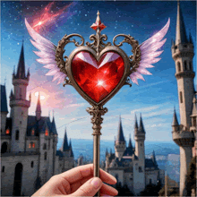 a person is holding a heart shaped key with wings in front of castles