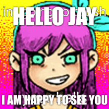 a picture of a girl with purple hair says hello jay