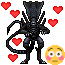 a pixel art of a black alien surrounded by red hearts and a yellow smiley face .