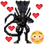 a pixel art of a black alien surrounded by red hearts and a yellow smiley face .