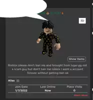 a screenshot of a roblox account with a speech bubble above it