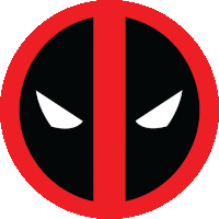 a red circle with a black and white deadpool logo