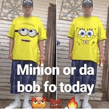 a man wearing a yellow shirt with a minion and spongebob face on it