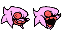 a cartoon drawing of a pink fish with a red eye and mouth open .