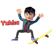 a cartoon character is riding a skateboard with the word yuhhu written above him