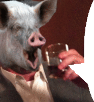 a man with a pig 's head is holding a glass