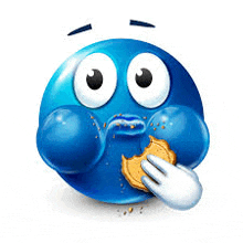 a blue smiley face is eating a cookie with its hand .