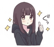 a cartoon girl is giving a thumbs up and wearing a black hoodie .