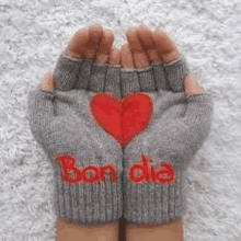 a person is wearing a pair of gloves with a red heart and the words bon dia written on them .