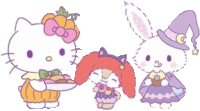 hello kitty , my melody , and a bunny are dressed up for halloween and eating donuts .