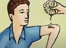 a cartoon of a man applying lemon juice to his wound .