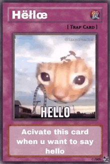 a purple card with a cat on it that says hello .