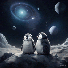 two penguins are sitting on a rock in front of a galaxy and the word meta is on the bottom right