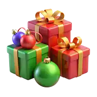 a stack of christmas presents with ornaments and ribbons