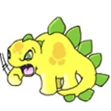 a cartoon drawing of a yellow stegosaurus with green leaves on its back .