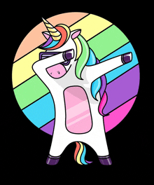 a unicorn with a rainbow mane and tail is dabbling in front of a rainbow background