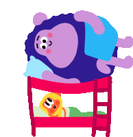 a purple monster is laying on top of a red bunk bed next to another monster