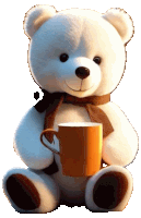 a teddy bear with a scarf around its neck is holding an orange cup of coffee