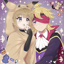 a drawing of a girl in a pikachu costume and a boy in a vampire outfit