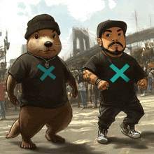 a cartoon of a otter and a man wearing black shirts with crosses on them