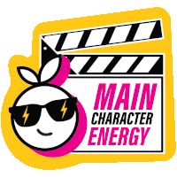 a sticker that says main character energy with a clapper board in the background