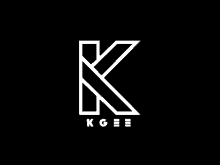 a white letter k on a black background with the word kgee below it .